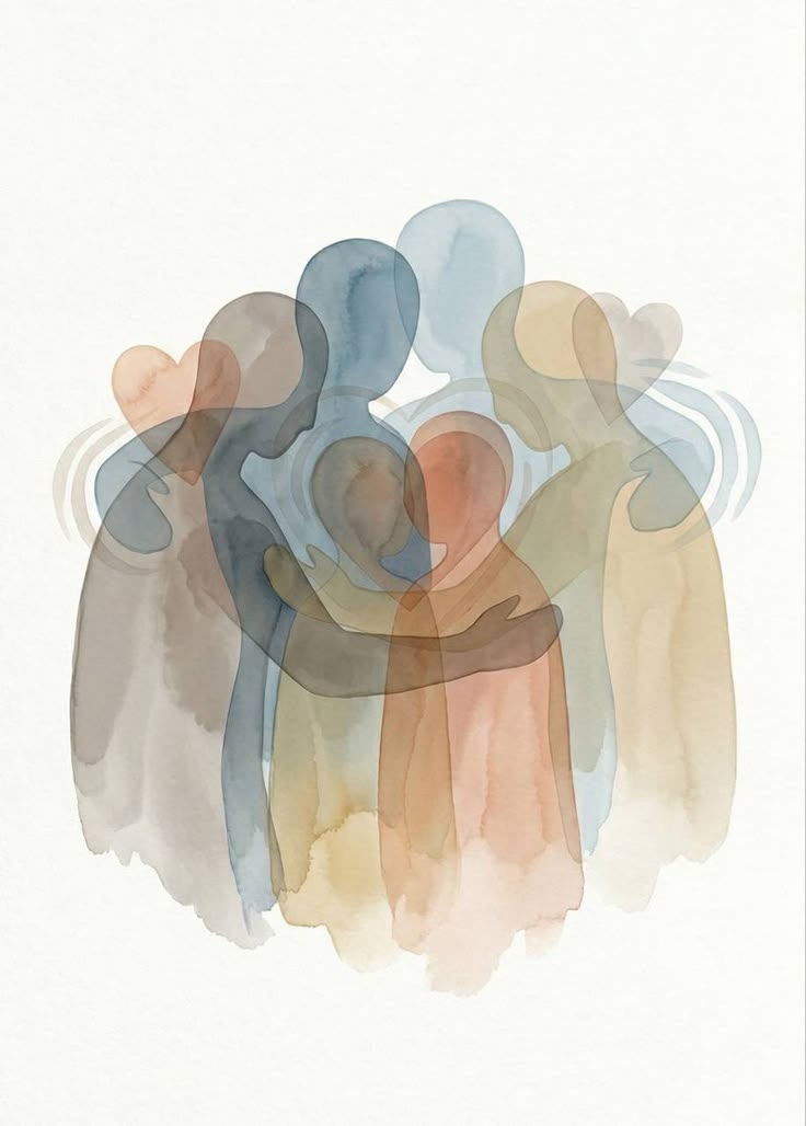 Ilustración de personas reunidas y abrazándose